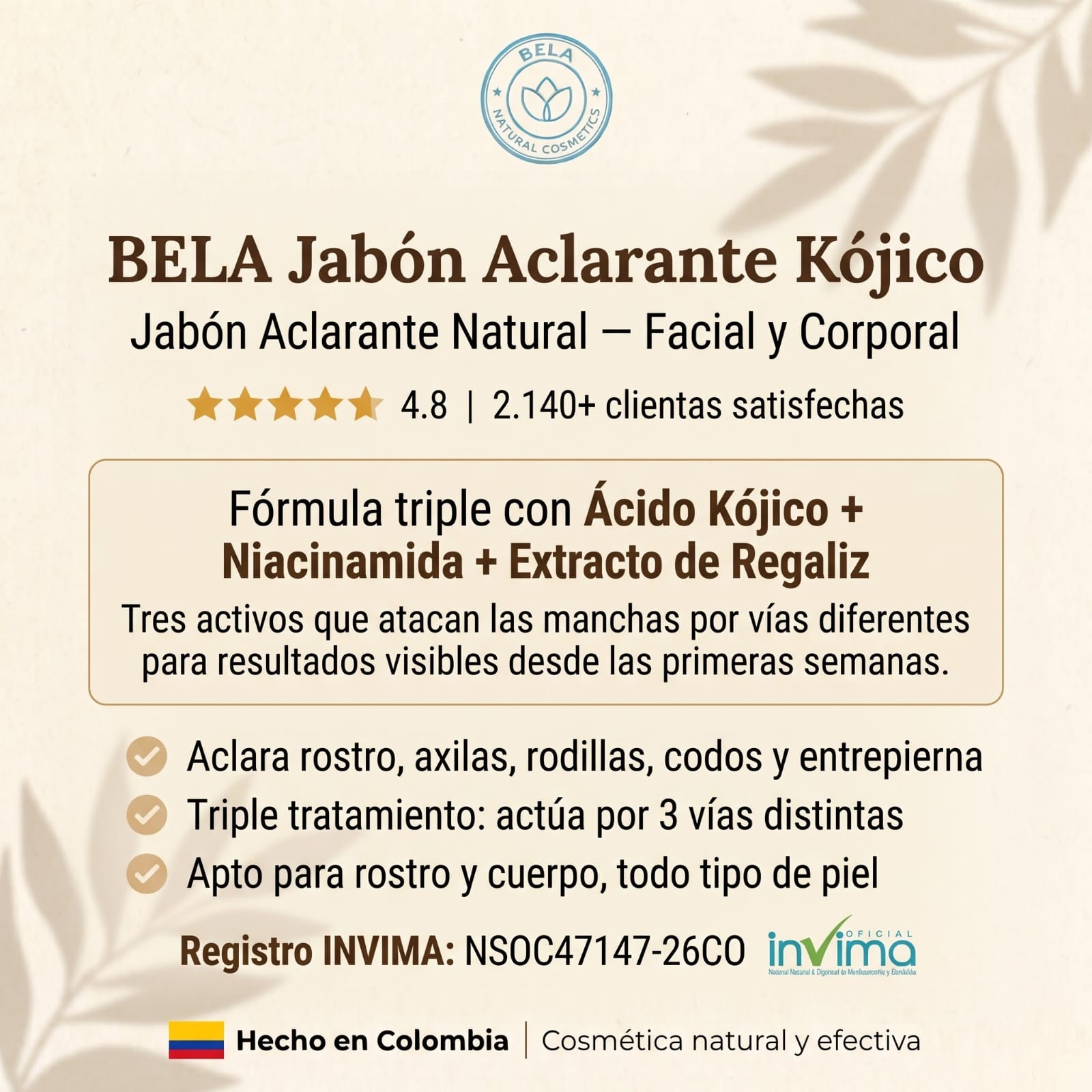 Ficha del jabón aclarante Bela: fórmula triple con ácido kójico, niacinamida y extracto de regaliz, registro INVIMA y hecho en Colombia
